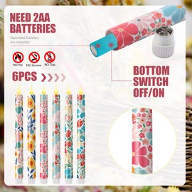 Nuanchu 6 Pcs Boho Flameless Candles 10. 6 Inch Floral Taper Candles Retro Flower Candlesticks LED Battery Operated Abstract Colorful Candlesticks for Home Farmhouse Holiday Birthday Decoration