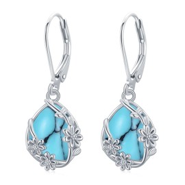 Turquoise Dangle Drop Earrings 925 Sterling Silver Hypoallergenic Teardrop Leverback Earrings Flower Jewellery Gifts for Women Girls
