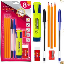 G4GADGET All-in-One Stationery Pencil Set for Kids, Students & Office – 8PC Pack with 3 Wooden Pencils, 2 Ballpoint Pens, Highlighter, Eraser & Sharpener for School, Drawing, Sketching & Daily Writing