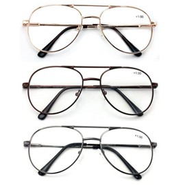 V.W.E. 3 Pairs Classic Tear Drop Shape Metal Reading Glasses With Spring Hinge - Clear Lens Reader (1 Gold 1 Gunmetal 1 Brown, 1.00, diopters)