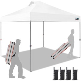 Eurmax USA NOMATTER ONE-Person Open&Close 10x10ft Pop Up Canopy Tent，Portable Shelter Canopy for Outdoor Events，Instant Canopies, Temporary Sunshade,Bonus 4 Sand Bags(White)