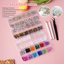Venares 7200PCS Rhinestones, Crystal AB Nail Art Gems with Nail Pearls Silver Caviar Beads, Pick Up Tweezers, Rhinestone Pickers, Flat Back Gems for Nails, Clothes, Face, Craft