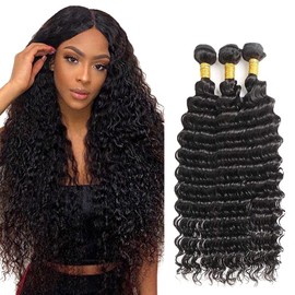 WuvuSnm Deep Wave Human Hair Bundles Wet and Wavy Bundles Human Hair Deep Wave Bundle 20 22 24 inch Natural Black Color