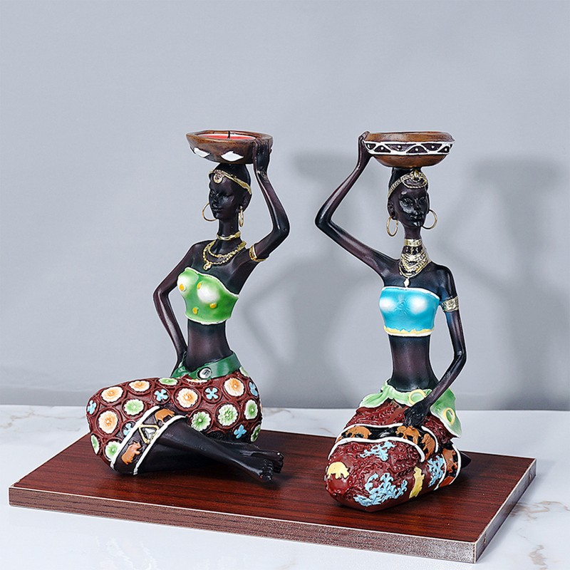 2PCS Vintage African Women Statue Candle Holders Resin Figurines Fits