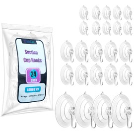 24 Pack All-Purpose Suction Cups Hooks Combo Set of Strongest Window Suction Cups with Hooks for Shower Wall, Glass, Hanging (4 Large/2.36 Inches, 10 Medium/1.77 Inches, 10 Small/1.18 Inches)