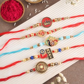 Raksha Bandhan Set of 5 Rakhi for Brother Bhai with Raksha Bandhan Greeting Card & Roli Chawal Tika | Peacock Rakhi for Brother | Om Bro Rakhi for Small Brother Bhaiya | Rakhi Thread MHNJ006