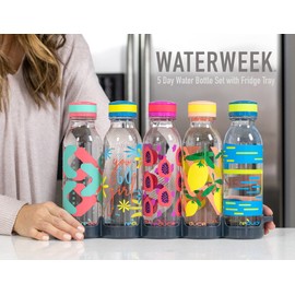REDUCE WaterWeek Reusable Water Bottle Set, 20oz - Plastic Reusable Water Bottle Set of 5, Plus Fridge Tray - BPA-Free, Leak Proof Twist Off Cap - Score
