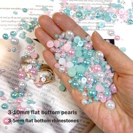 Chuxin 50g Flatback Rhinestones and Pearls, 3-10mm Flat Back Pearls for Crafting, Rhinestones for Bedazzling, Half Pearl Resin Rhine Stone Kit for Crafting, Nails, Charms