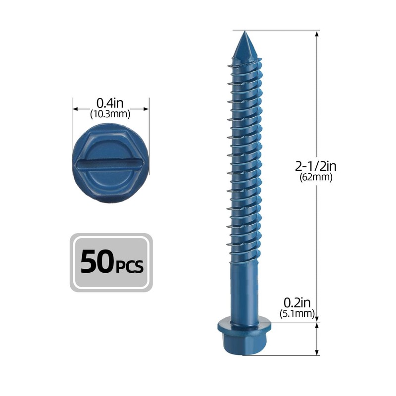 1/4" x 2-1/2" Concrete Screws, 50 PCS Blue Hex Washer