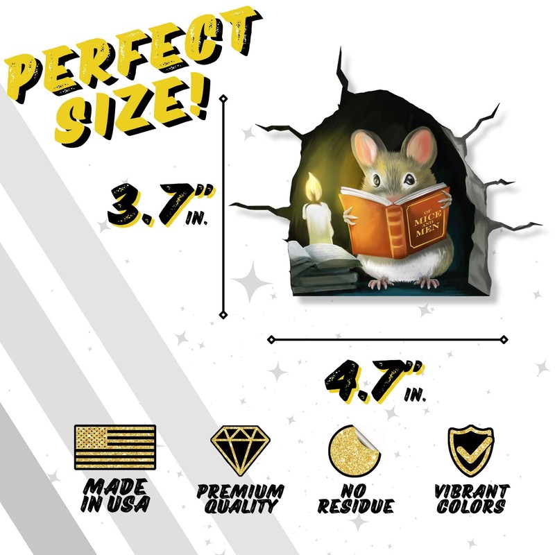 3D Mouse Reading Book in Mouse Hole, Decal Sticker, Removable
