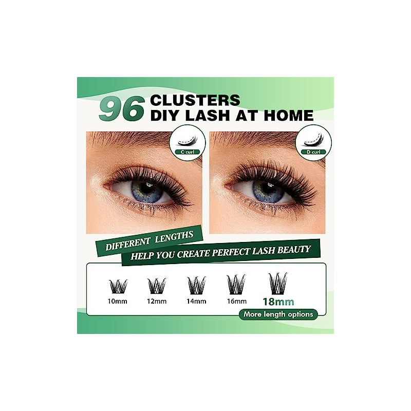 KEYYOU Lash Clusters,96 Pcs Cluster Lashes D Curl 10-18MIX DIY