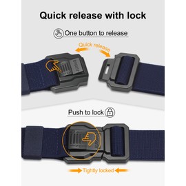 JUKMO Men's Tactical Belt with Lock, Military Work 1.5" Stretch Nylon Web Quick Release Belt with Heavy Duty Seatbelt Buckle, Blue, Small-for Waist 30"-36" (Length 45")