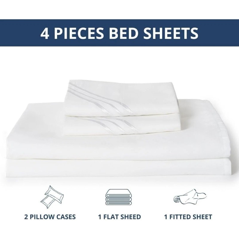 Henza.Q White Queen Sheets Set - 4 PC Hotel Luxury