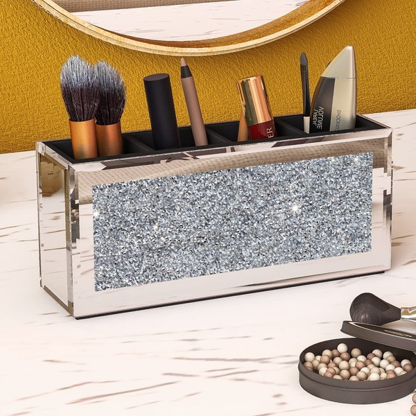 SHYFOY 4-Compartment Makeup Brush Holder, Mirrored Makeup Organizer with Crushed Diamond Crystals, Vanity Cosmetics Organizer Solution, Pencil Holder Organizer for Desk