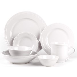 HomeVss, Pearl Dots Stoneware Dinnerware Set (56pc Set, White)