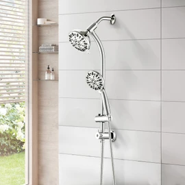 UCLIMAA High Pressure 48-Settings Shower Head with Handheld Shower,Drill-Free 3-Way Diverter for Easy Reach,Adjustable Height Slide Bar Dual Shower Head Combo Set - Chrome