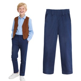 HILEELANG Kids School Uniform Pants for Boys & Girls, Stretch Cotton Chino, Navy Blue, Relaxed Fit Twill Trousers, Elastic Waistband 1PC 7-8Years
