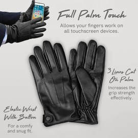 Real Sheepskin Leather Gloves, 100% Cashmere Lining Winter Gloves, Touchscreen Leather Gloves, Black Leather Driving Gloves for Men Black S