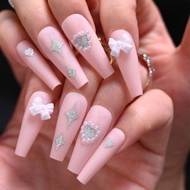 Pink Long Press on Nails Coffin Love Bow-knot Star Acrylic Nails Press ons with Pearl Design Full Cover False Nails with Glue for Women and Girls 24Pcs