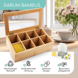 smartday Bamboo Tea Box with Viewing Window - Tea Bag Box with 8 Compartments I Wooden Tea Storage Box I Multifunctional Tea Box for Kitchen, Office & Dining Room