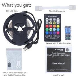 Xtreme Multicolored LED Strip Lights with Remote, 10 Foot USB Powered RGBW Lights Strip with Adhesive Backing, Cut & Reconnect, Built in 17” USB, Dimmable, 15 Colors, 90 LED Lights, 4 Flashing Modes