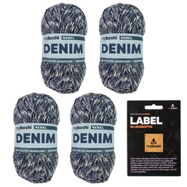 myboshi Denim, Vegan Denim Yarn, Recycled Cotton for Crochet and Knitting, 50% Recycled Denim, 50% Cotton (Organic), Label, 50 g, Ll 135 m Dark Blue (Rebel), 4 Balls