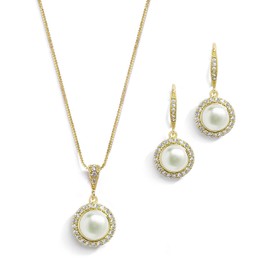 Mariell Pearl Bridal Wedding Necklace & Earrings Jewelry Set for Brides, Bridesmaids, Gold Bridal Jewelry