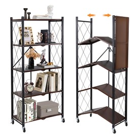 Yuanjimi 5-Tier Foldable Storage Shelves with Wheels, Folding Metal Shelf Unit, Folding Bookshelf no Assembly, Collapsible Shelves for Craft Shows for Kitchen, Bedroom, Living Room, Rustic Brown