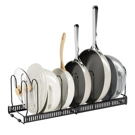 WUETOAYA Expandable Pots and Pans Organizer Rack, Pot Lids Cutting Boards Kitchen Cabinet Organizer with 7 Adjustable Compartments, Cookware Bakeware Rack for Kitchen Cabinet Countertop Storage(Black)