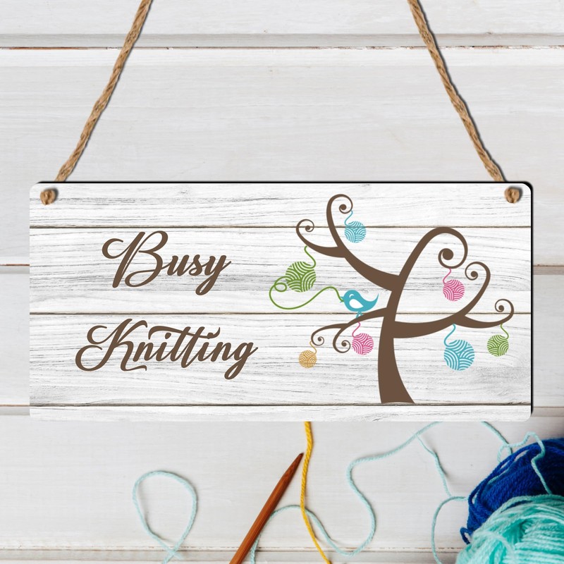 "Busy Knitting" Sign - Whimsical Craft Room Decor for Knitting