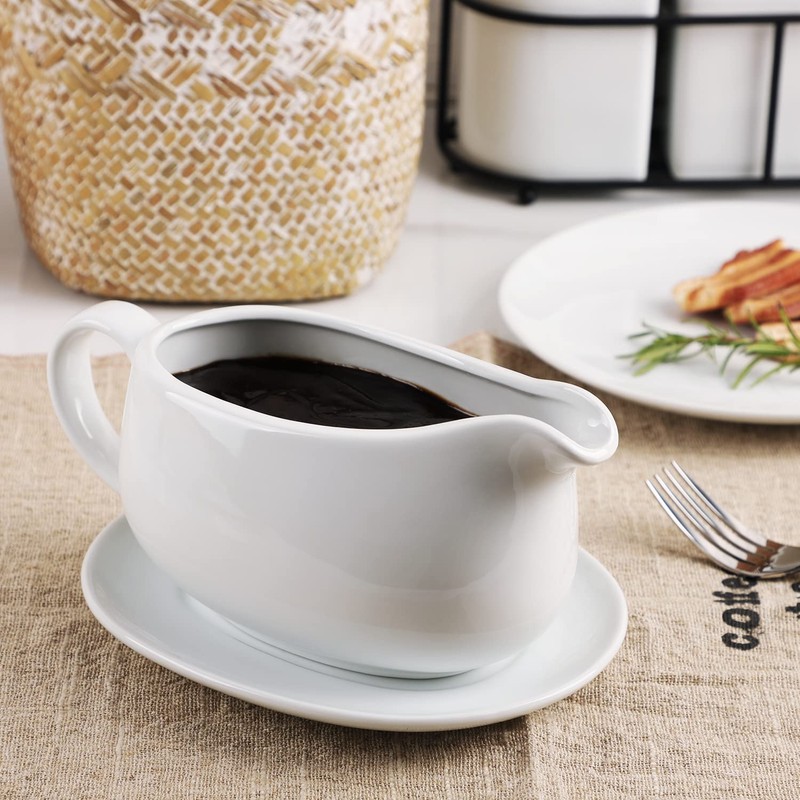 Buyajuju 25 oz Gravy Boat and Tray, Ceramic White Gravy