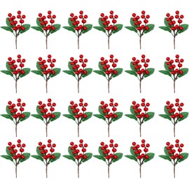 WILLBOND 24 Pieces Artificial Christmas Red Berry Picking Berry Branches Holly Leaves Picking Fake Berries Christmas Crafts Party Holiday Decoration