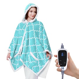 Sealy Wearable Heated Throw Blanket, Flannel & Sherpa Electric Throw Shawl Poncho with Hoodie & Pocket, 6 Heating Levels & 2-10 Hours Auto Shut Off, Machine Washable, 50x60 Inch, Light Blue