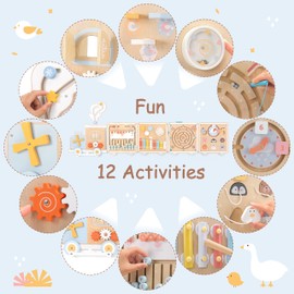 Pillowhale Train Activity Wall Busy Board, Wooden Montessori Sensory Toys, 12-in-1 Learning Activity Center for Playroom,Daycare, Nursery, Classroom, Educational Toys for Toddler