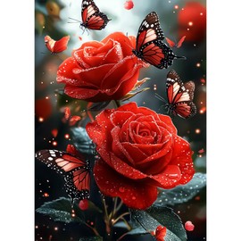 Lxmsja Red Rose Diamond Art Kits for Adults, Butterfly DIY Full Drill Diamond Painting Kits for Beginners, 5D Gem Art Crafts for Adults, Home Wall Decor 12x16 inch