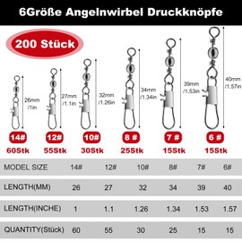 Annyswit 100/200 Pieces 6 Size Swivel Fishing with Snaps 6# 7# 8# 10# 12# 14# Trout Fishing Swivel Carabiner Stainless Steel Fishing Swivel with Carabiner for Quick Bait Fishing Line Change
