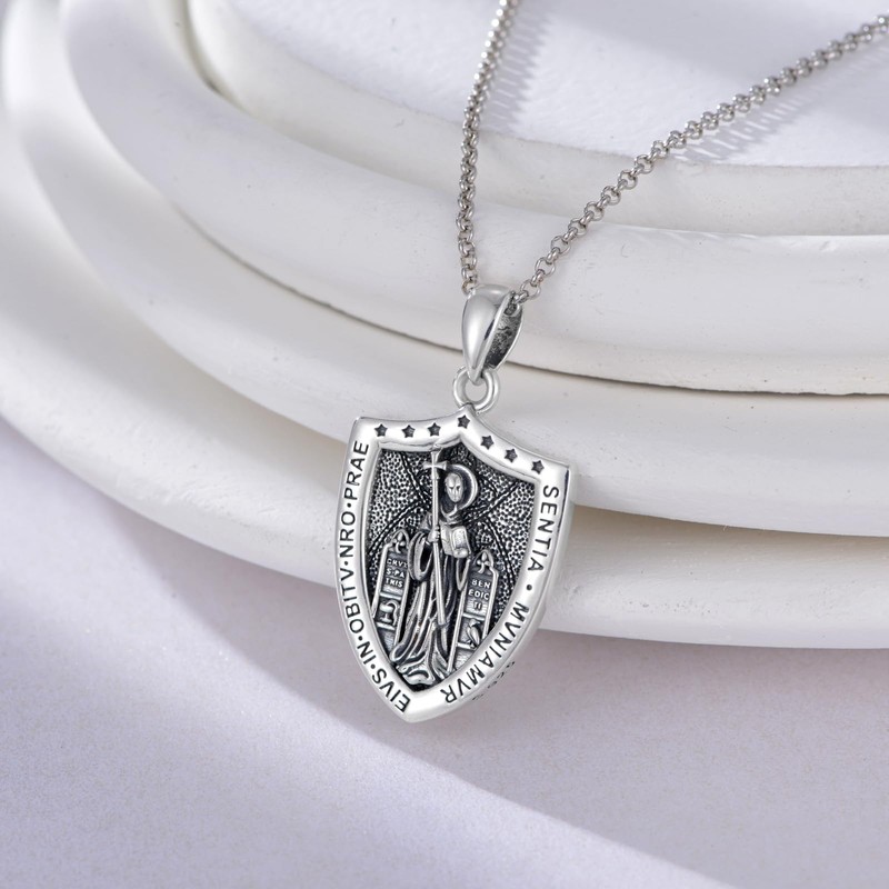 MEIDERBO Saint Benedict Necklace S925 Sterling Silver Shield St Benedict