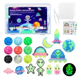 Moncolis Iron-On Beads Set 5 mm Glow-in-the-Dark with Ironing Beads Plates 12 Patterns Templates Spaceships Astronauts DIY Crafts 9 Colours Beads Luminous Decoration Children Gift Boys Girls