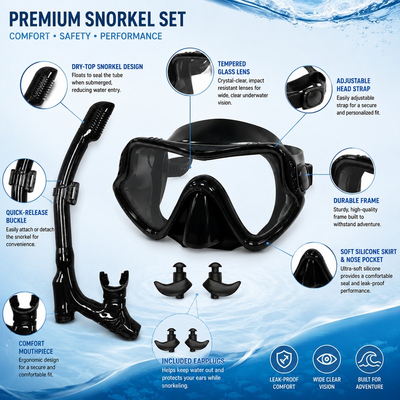 Snorkel Mask Set for Adults – Tempered Glass Diving Goggles