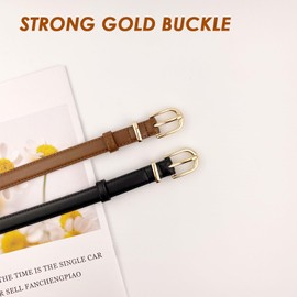 Yovell 2 Pack Belts for Women Skinny Leather Waist Women's Belt with Gold Buckle Fashion Ladies Thin Belt for Jeans Dresses Pants