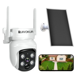 RUIVOKUR Solar Security Camera Outdoor Wireless with 360° PTZ, 2K/4MP WIFI Security Camera, Continuous Power, PIR Motion Detection, Color Night Vision, APP Alert, IP65, Alexa Compatible