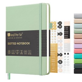 &And Per Se Dotted Journal Notebook, A5 Hardcover Leather Bullet Dotted Journal, 160 Pages 100 gsm Thick Dotted Paper，3 Sheets of Stickers Included for Women Men, Work Office or School - 5.7'' x 8''（Light Green）