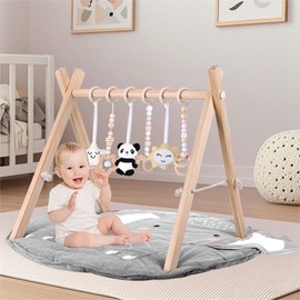 Wooden Baby Play Gym with Mat, Foldable Activity Gyms with 6 Hanging Sensory Toys for Infant Baby Girl and Boy, Newborn Shower Gift (Elephant)