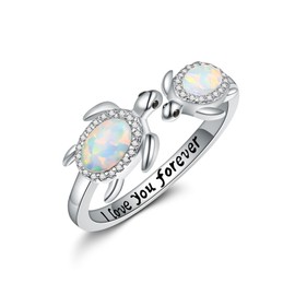 URONE Sea Turtle Ring 925 Sterling Silver Sea Turtle Ring with Opal Adjustable Delicate Cute Sea Turtle Jewellery Gifts for Women