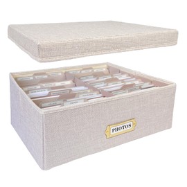 Sprsthai Linen Photo Storage Box, Large Capacity Organizer Box, Storage Holds 1700 Picture, with 24 Adjustable Dividers, 72 Labels, Fabric Picture Box for Photos, Envelopes, Recipes Beige