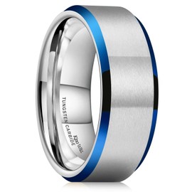 King Will 8mm Mens Silver Tungsten Wedding Rings Matte Brushed Surface Blue Beveled Edge Wedding Band for Men Women 9