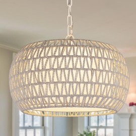 18"White Rattan Farmhouse Chandeliers for Dining Room,3-Light Hand-Woven Rattan Chandelier,Fabric Shade Boho Chandelier Pendant Light fixture Drum Chandelier Hanging Lights for Bedroom Kitchen Island