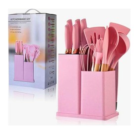 19-Piece Kitchen Cooking Utensil and Knife Set – Stylish Silicone and Stainless Steel Tools with Cutting Board, Scissors, and Premium Cooking Essentials (Pink)