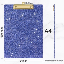 Piasoenc Acrylic Clipboards, Fashion Glitter Clip Board with Low Profile Gold Clip, Designed for Classroom School and Office Use, A4 Letter Size 9 x 12.5 in,Blue