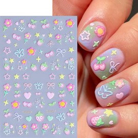 Summer Nail Stickers 5D Cherry Strawberry Nail Decals Colorful Floral Star Bow Butterfly Heart Flower Design Cute Nail Adhesive Stickers Slider Manicure Accessories Summer Nails Charms for Kids 3PCS